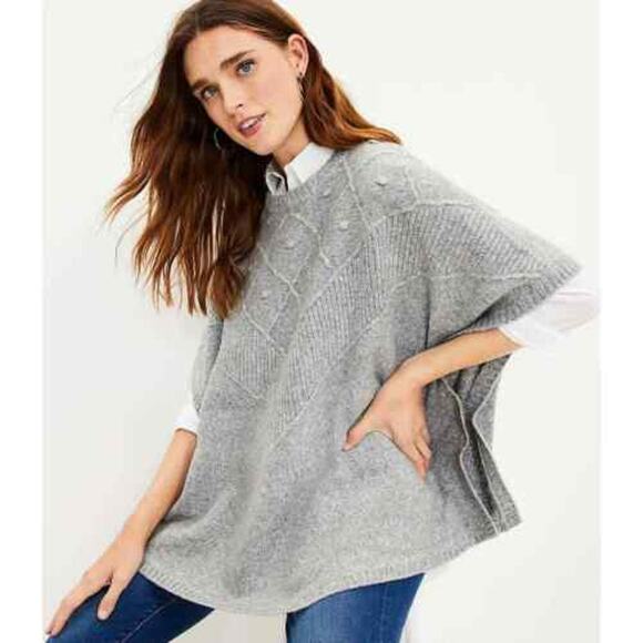 LOFT M/L Medium Large Heather Cream Knit Poncho Sweater Wool Blend Soft Cozy - Picture 9 of 9